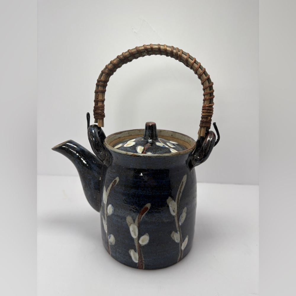 Japan Pottery Otagiri Teapot Rattan Handle Cobalt Blue 1960s Folkware